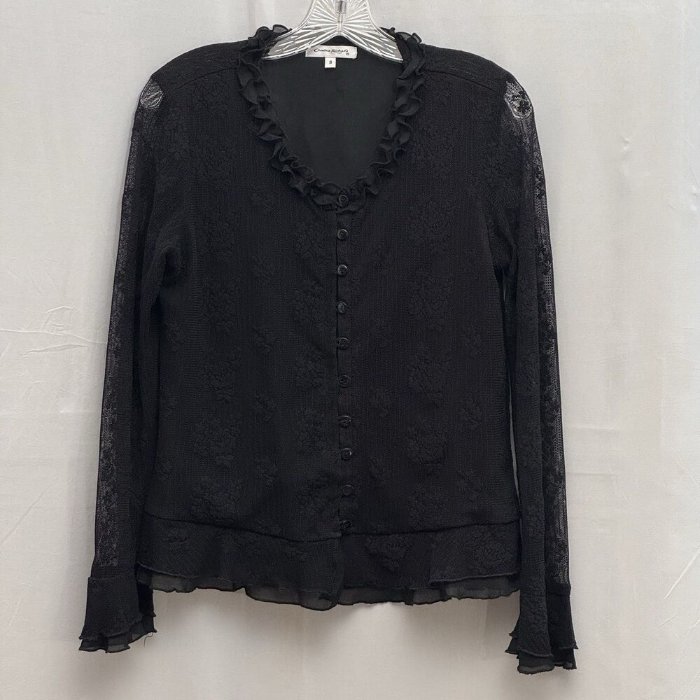 Claudia Richard Womens Black Lace Ruffle Blouse S Long Sleeve Button Front